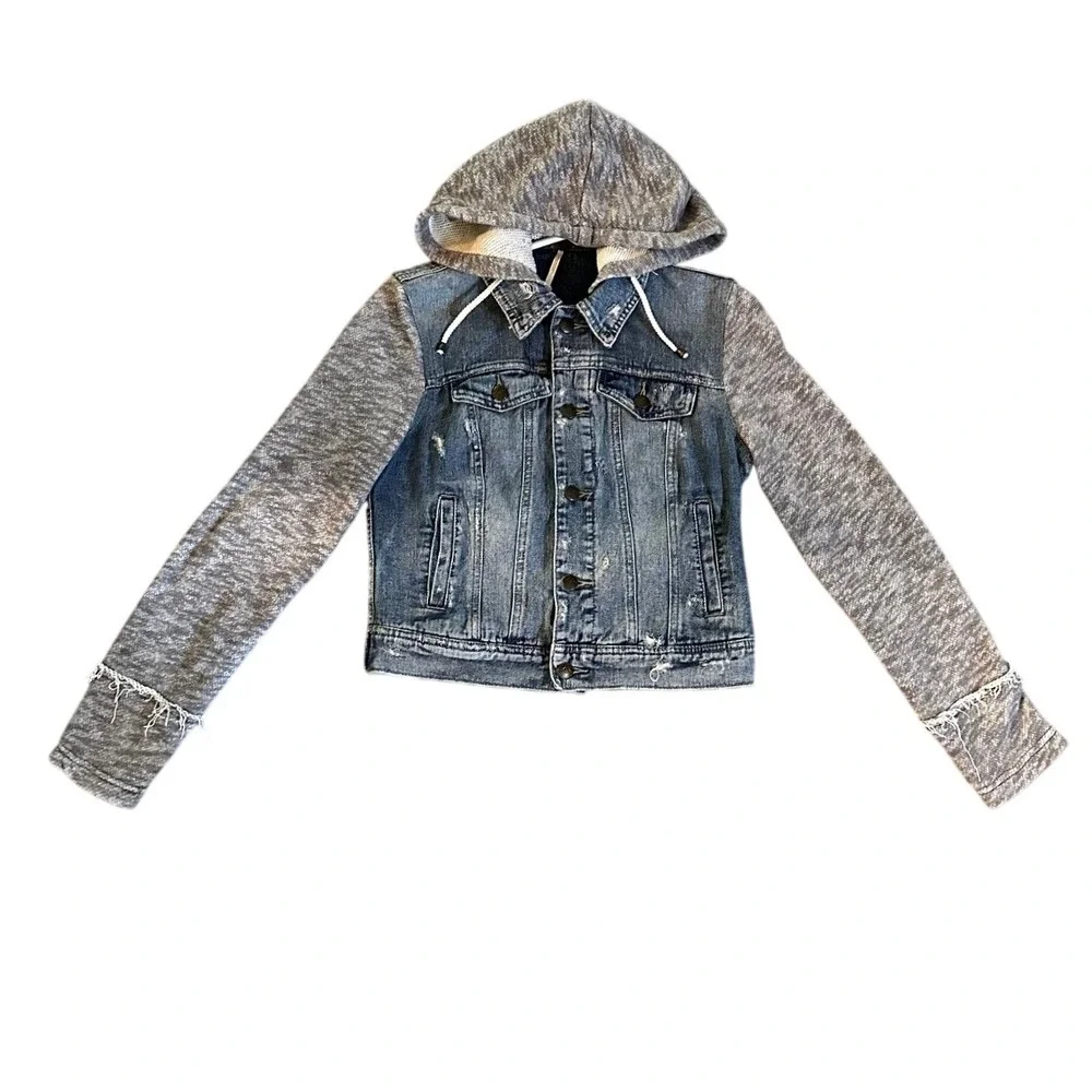 Free People Blue Grey Distressed Mixed‎ Media Hooded Denim Jacket Women's XS